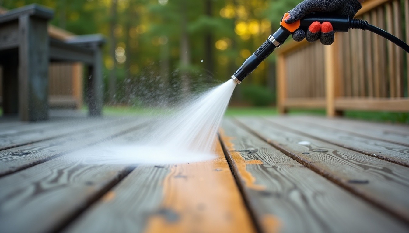 A pressure washer wand rinsing grey weathered boards on a wood deck, leaving a clean tan stripe