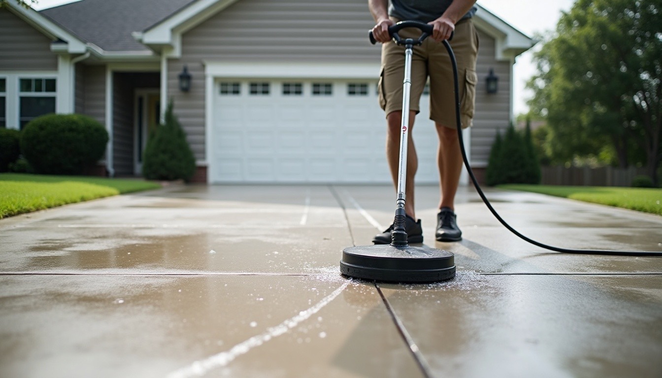 A worker running a round surface cleaner across a wide concrete driveway in front of a two-car garage, leaving a clean stripe behind