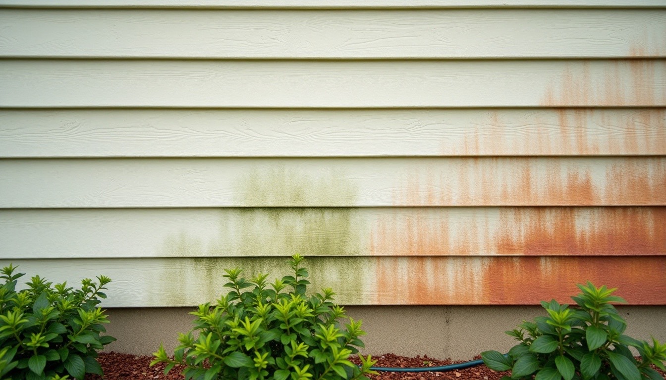 Close view of green mildew streaks on light vinyl siding beside a clean washed section