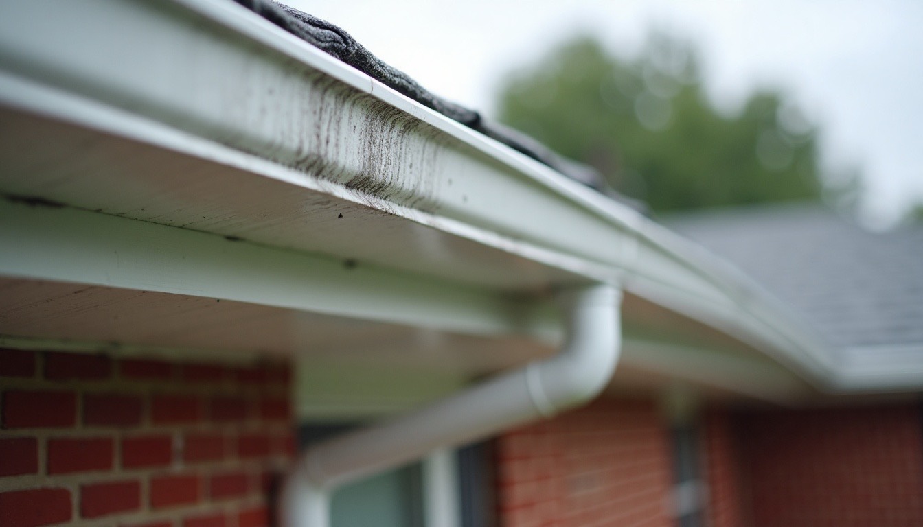 A white aluminum gutter face being cleaned of black streaks, half already bright white, above a brick house