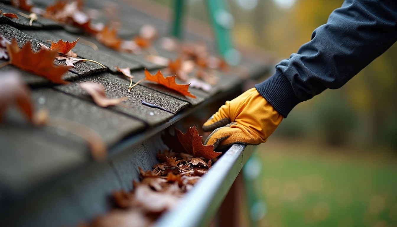 A gloved hand scooping wet oak leaves and pine straw out of an aluminum gutter at the roof edge, with a ladder in view