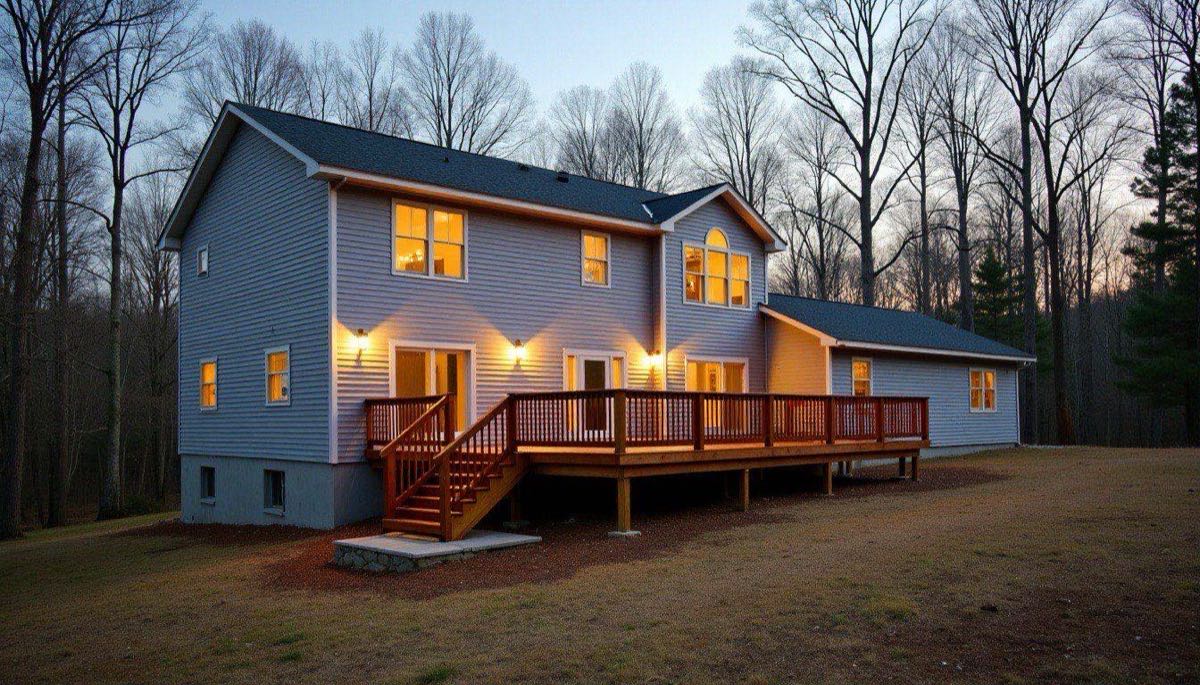 Newer two-story vinyl sided house with a large wood back deck on a wooded lot in late afternoon light