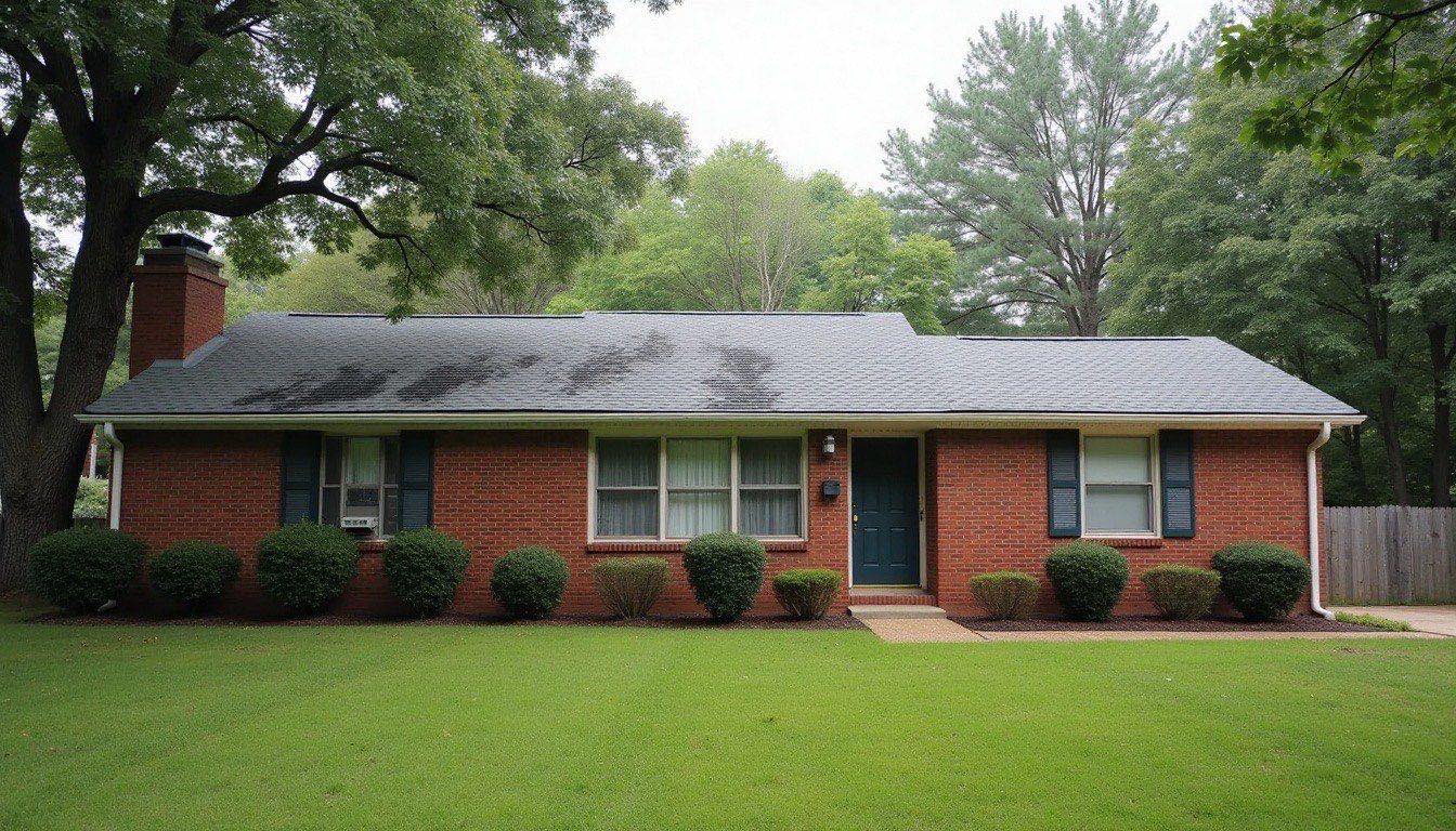 An asphalt shingle roof on a brick ranch house with dark black algae streaks on the north slope and tall oaks nearby
