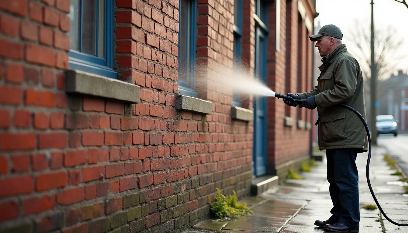 Low-pressure cleaning of an older red brick two-story storefront on a small downtown street early in the morning