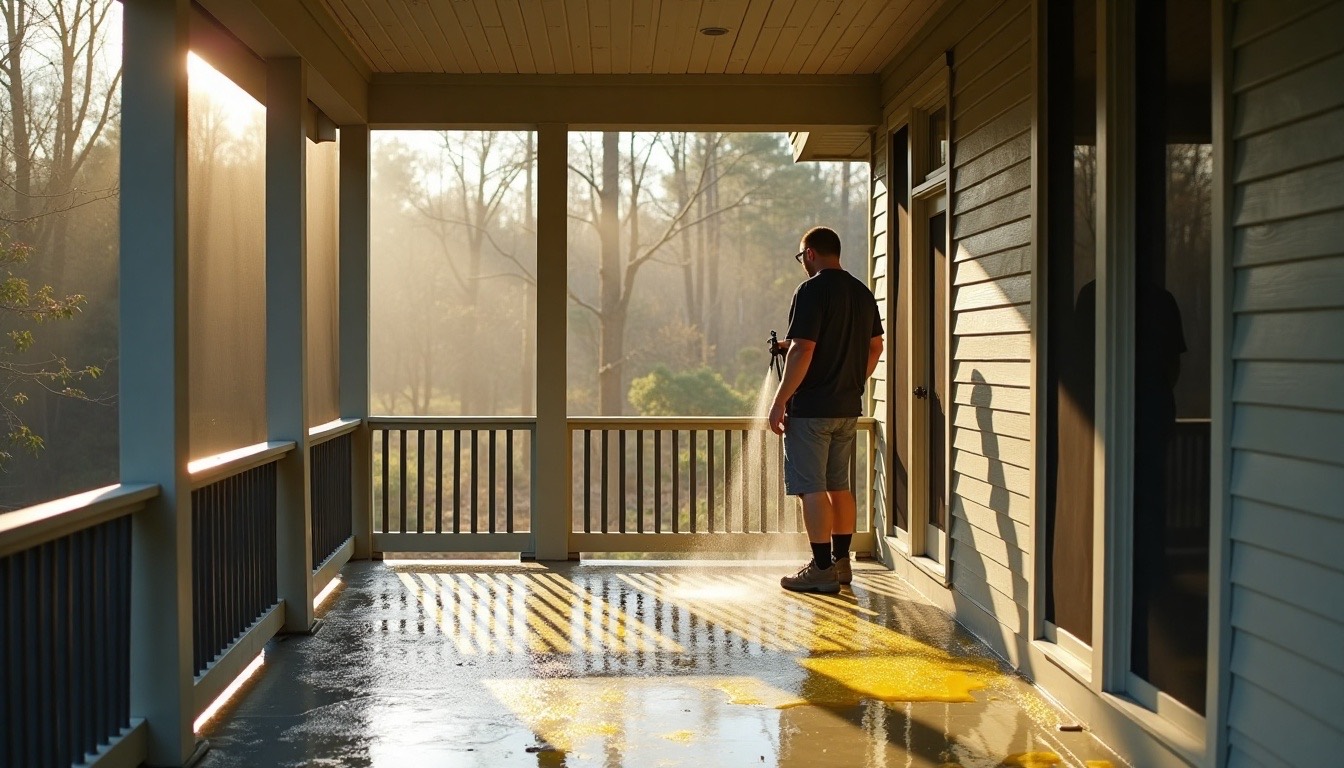A screened back porch being gently rinsed, with yellow pollen film running off the screens and the painted floor